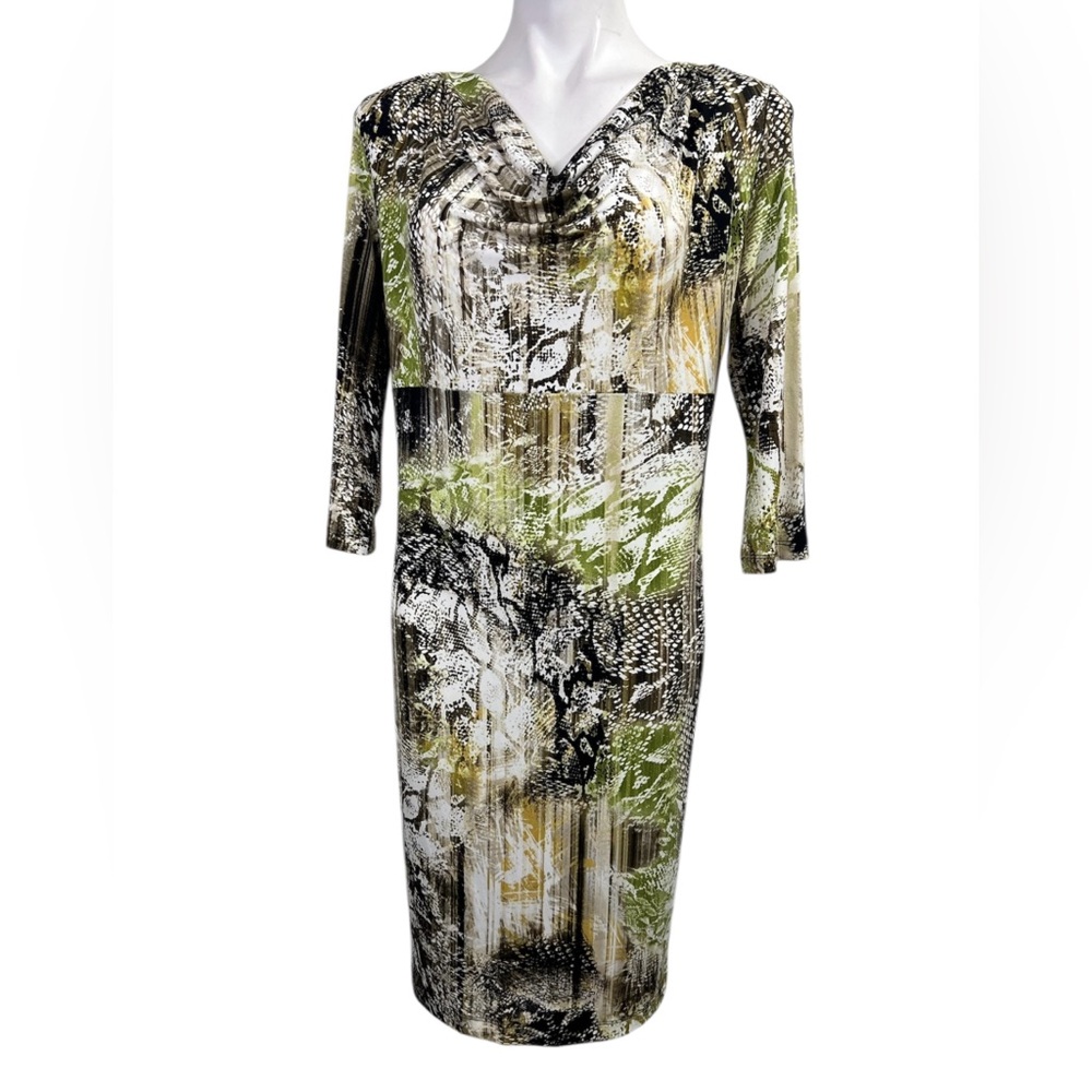 Punt Roma dress sz Med cowl neck knee length shift long sleeve green multicolor - Picture 2 of 7